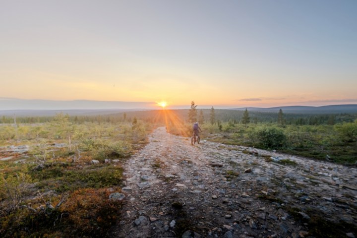 Person cycling on rocky path at sunset in a forest landscape.