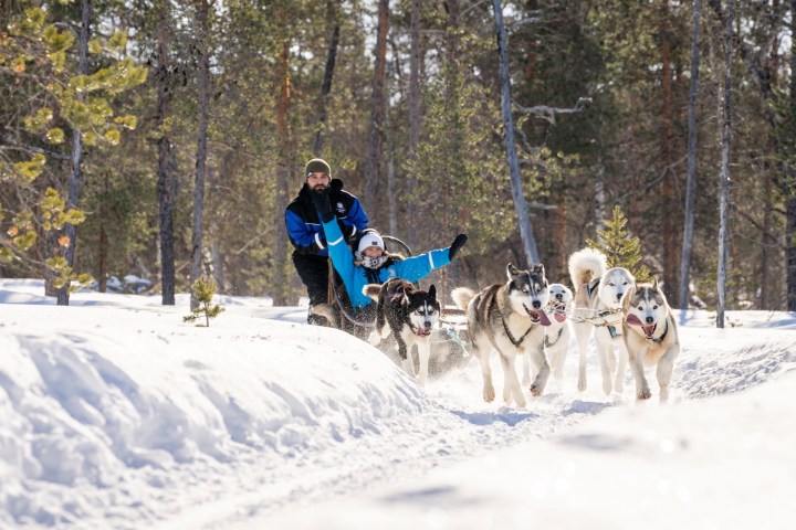 Sled pulled by six huskies on snowy trail with two people riding through a forest.