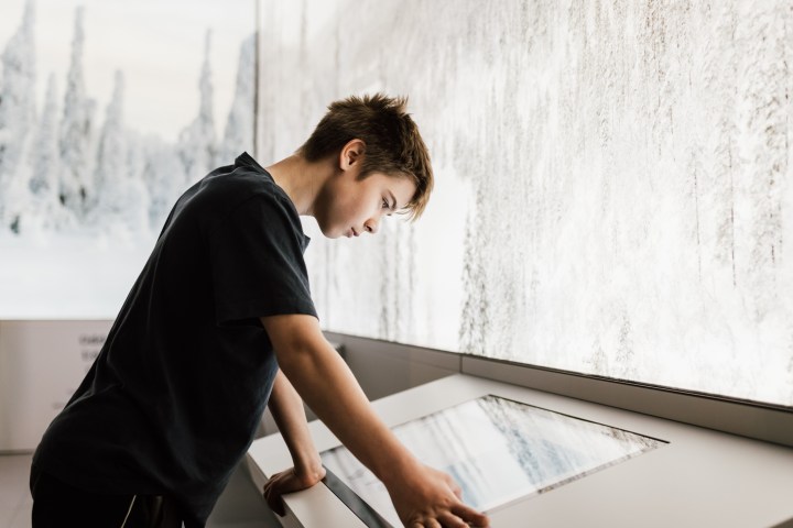 Person leaning over a digital touch screen with a snowy landscape backdrop.