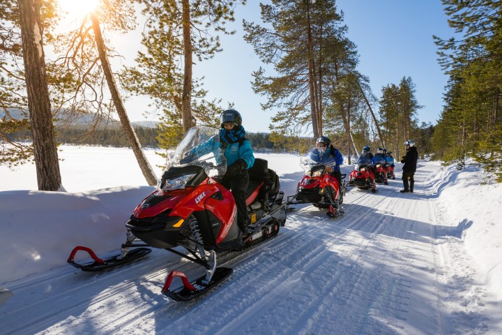 People riding red snowmobiles on a snowy forest trail under a clear blue sky.