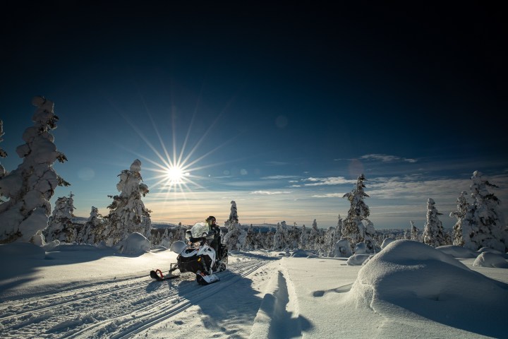 Person on a snowmobile in a snowy landscape with sun shining through snow-covered trees.
