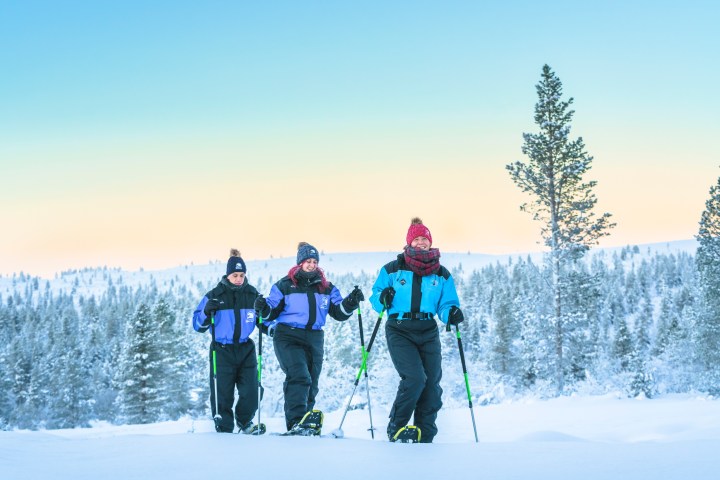 Three people snowshoeing in snowy forest landscape with clear sky.