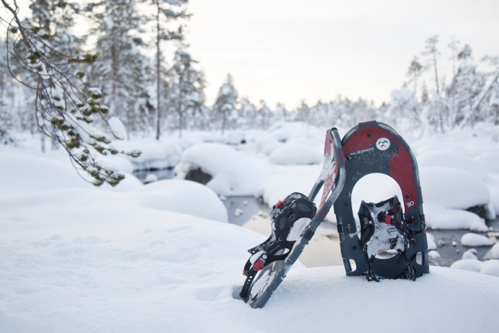 A pair of snowshoes in a snowy forest landscape near a stream.
