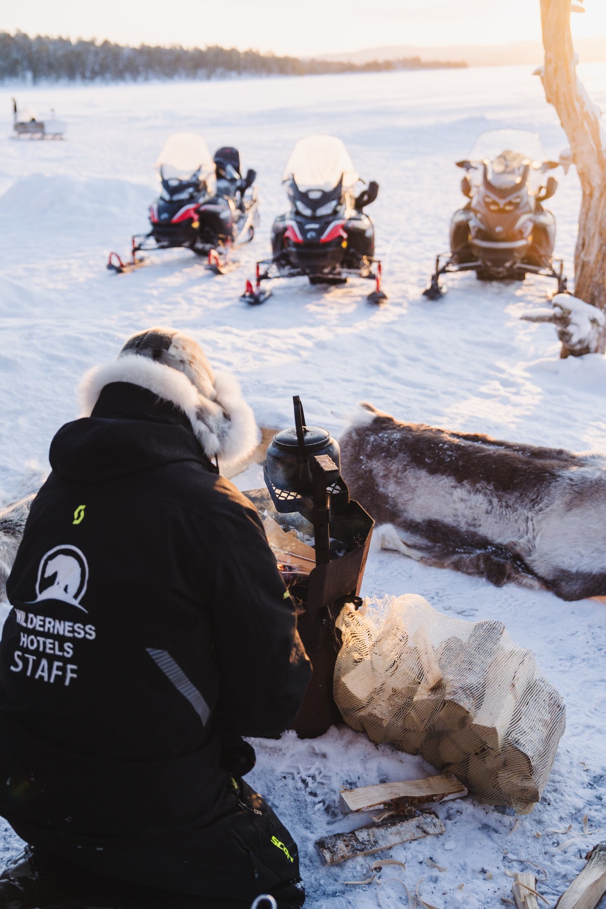 Person in warm clothing near logs, snowmobiles, and snow-covered landscape.