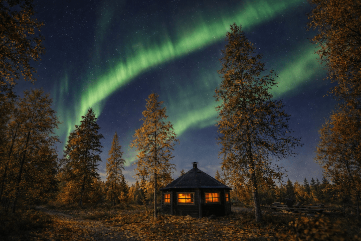 Northern lights over a cabin and trees at night.