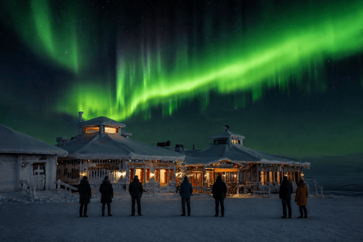 Silhouetted people watch northern lights over a snowy lodge at night.